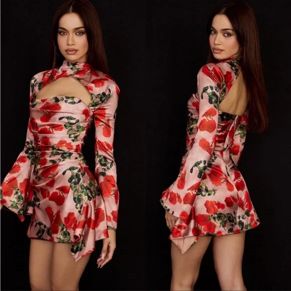 House of CB ‘Toira’ Satin Rose Print draped corset mini dress NWOT - Picture 3 of 12